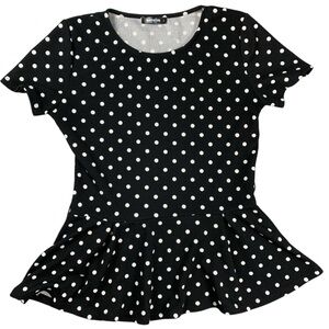 Womens Juniors Peplum Top Black White Polka Dot Short Sleeve USA Made Size Small